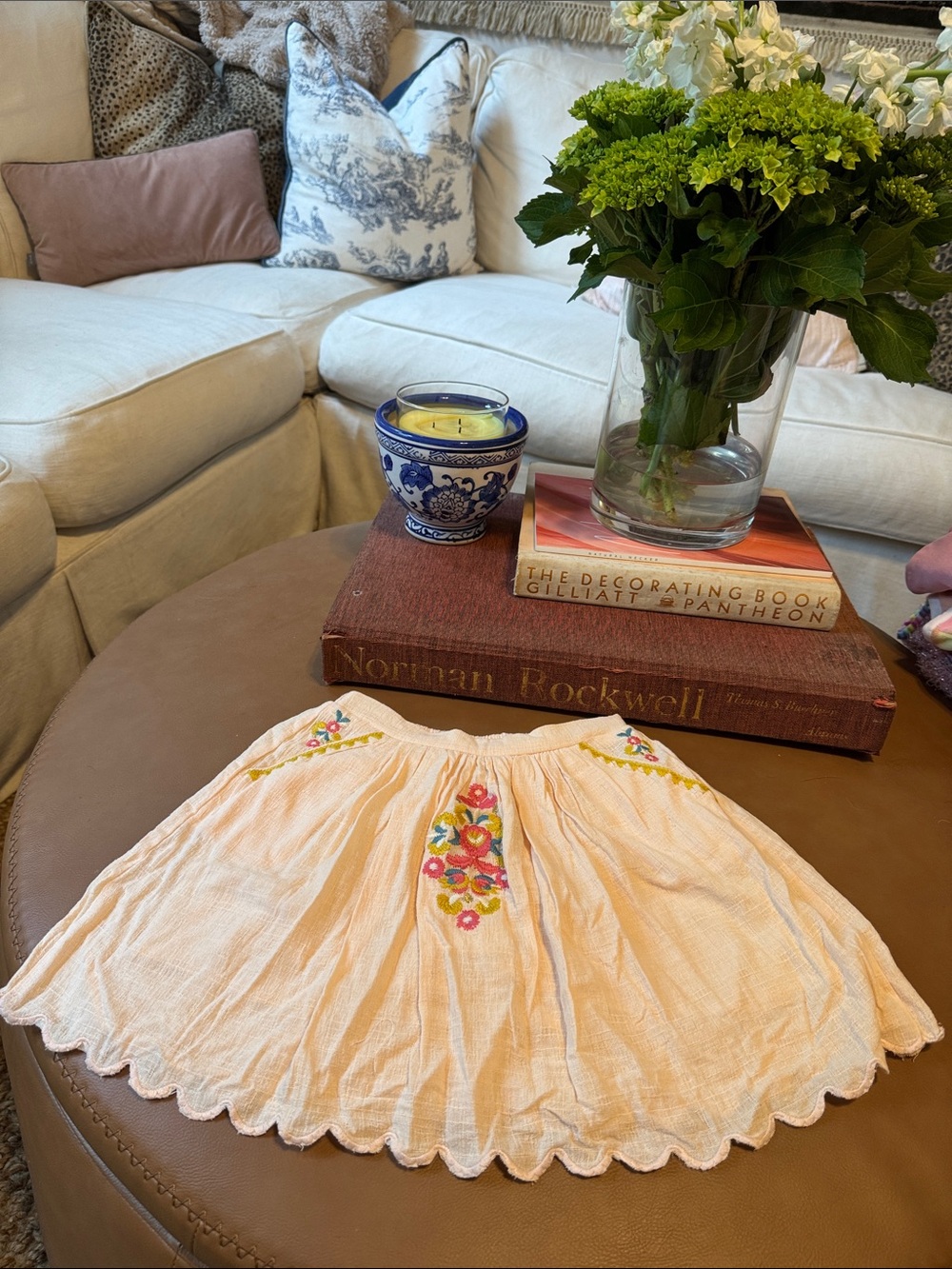 Girls Light Pink Embroidered Cotton Skirt with Scalloped Hem